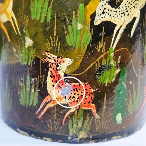 Kashmir India Forest Scene Hand Painted Lacquered Lidded Canister Leaping Deer - Picture 10 of 12